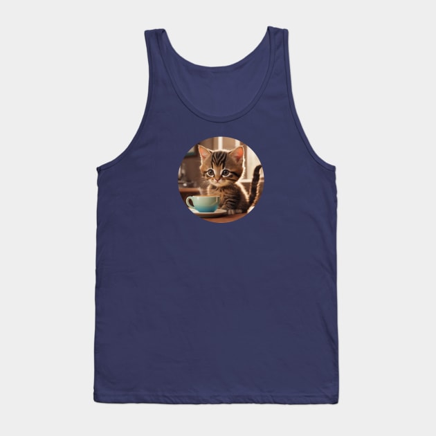Cute Stripey Kitten With a Cup of Coffee Tank Top by Cre8tiveSpirit